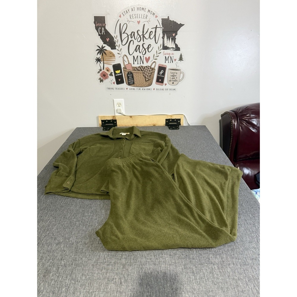 C&C California 2pc Knit Set Green Button Collared Shirt & Wide-Leg Pants M/L